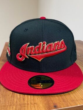 New Era 59 Fifty Black and Red Cleveland Indians Cooperstown Script Fitted Hat